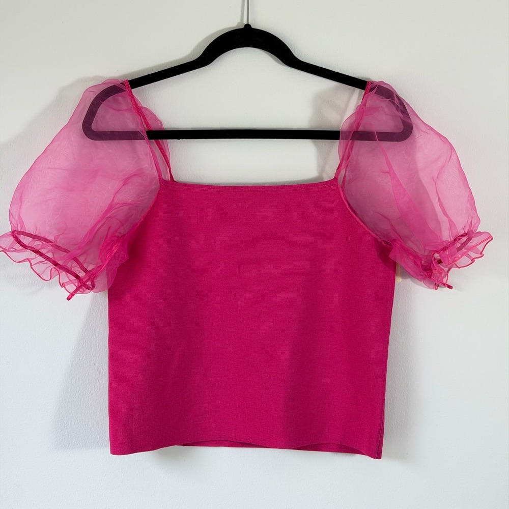 House of Harlow 1960 Hot Pink Puff Sleeve Top‎ Organza Barbiecore Romantic L